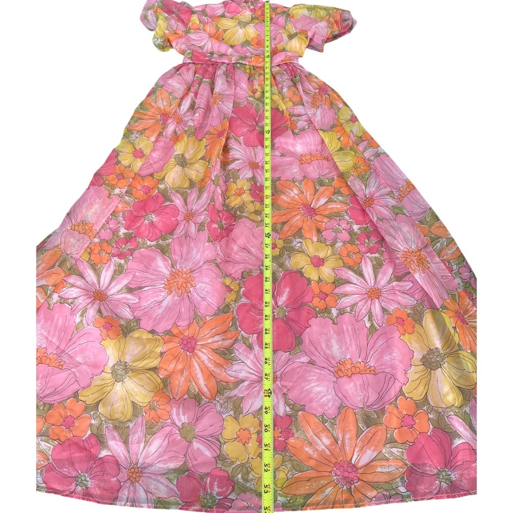 Vintage 60's  Floral Maxi Dress Pink Orange Yellow Puff Sleeve‎ Boho Mod Garden - Picture 8 of 10